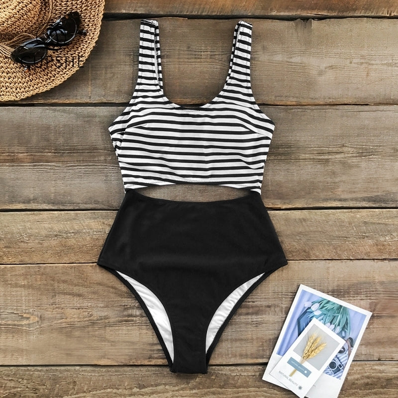 Sexy 2021 Women’s Striped top & Black bottom one piece Swimsuit