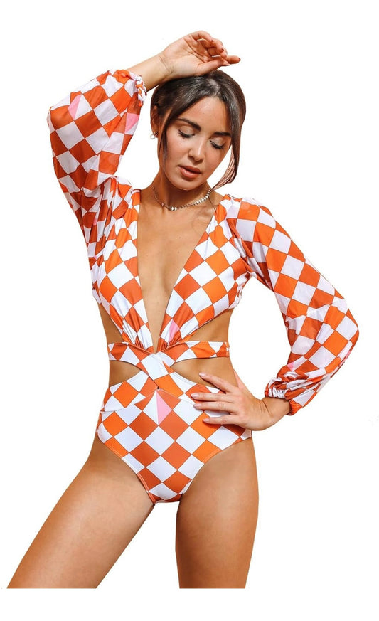 Sexy 2023 Women's Printed Rhombus Plaid One-piece Swimsuit